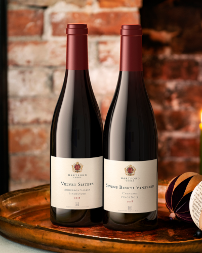Two bottle of Hartford Wines with a holiday background