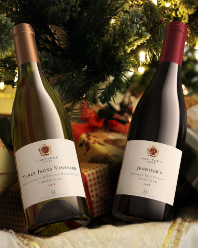 Two bottle of Hartford Wines with a holiday background